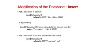 Modification of the Database : Insert
• Add a new tuple to account
insert into account
values ('A-9732', 'Perryridge', 1200)
or equivalently
insert into account (branch_name, balance, account_number)
values ('Perryridge', 1200, 'A-9732')
• Add a new tuple to account with balance set to null
insert into account
values ('A-777','Perryridge', null )
 
