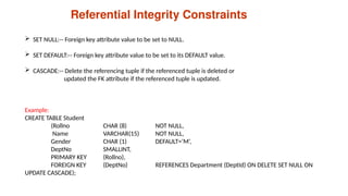 Referential Integrity Constraints
 SET NULL:-- Foreign key attribute value to be set to NULL.
 SET DEFAULT:-- Foreign key attribute value to be set to its DEFAULT value.
 CASCADE:-- Delete the referencing tuple if the referenced tuple is deleted or
updated the FK attribute if the referenced tuple is updated.
Example:
CREATE TABLE Student
(Rollno CHAR (8) NOT NULL,
Name VARCHAR(15) NOT NULL,
Gender CHAR (1) DEFAULT=‘M’,
DeptNo SMALLINT,
PRIMARY KEY (Rollno),
FOREIGN KEY (DeptNo) REFERENCES Department (DeptId) ON DELETE SET NULL ON
UPDATE CASCADE);
 