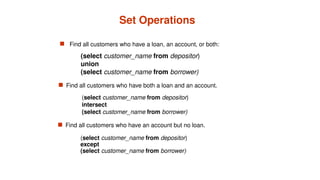 Set Operations
 Find all customers who have a loan, an account, or both:
(select customer_name from depositor)
except
(select customer_name from borrower)
(select customer_name from depositor)
intersect
(select customer_name from borrower)
 Find all customers who have an account but no loan.
(select customer_name from depositor)
union
(select customer_name from borrower)
 Find all customers who have both a loan and an account.
 