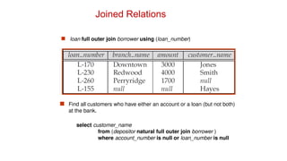 Joined Relations
 loan full outer join borrower using (loan_number)
 Find all customers who have either an account or a loan (but not both)
at the bank.
select customer_name
from (depositor natural full outer join borrower )
where account_number is null or loan_number is null
 