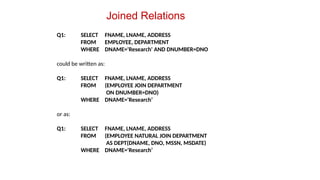 Joined Relations
Q1: SELECT FNAME, LNAME, ADDRESS
FROM EMPLOYEE, DEPARTMENT
WHERE DNAME='Research' AND DNUMBER=DNO
could be written as:
Q1: SELECT FNAME, LNAME, ADDRESS
FROM (EMPLOYEE JOIN DEPARTMENT
ON DNUMBER=DNO)
WHERE DNAME='Research’
or as:
Q1: SELECT FNAME, LNAME, ADDRESS
FROM (EMPLOYEE NATURAL JOIN DEPARTMENT
AS DEPT(DNAME, DNO, MSSN, MSDATE)
WHERE DNAME='Research’
 