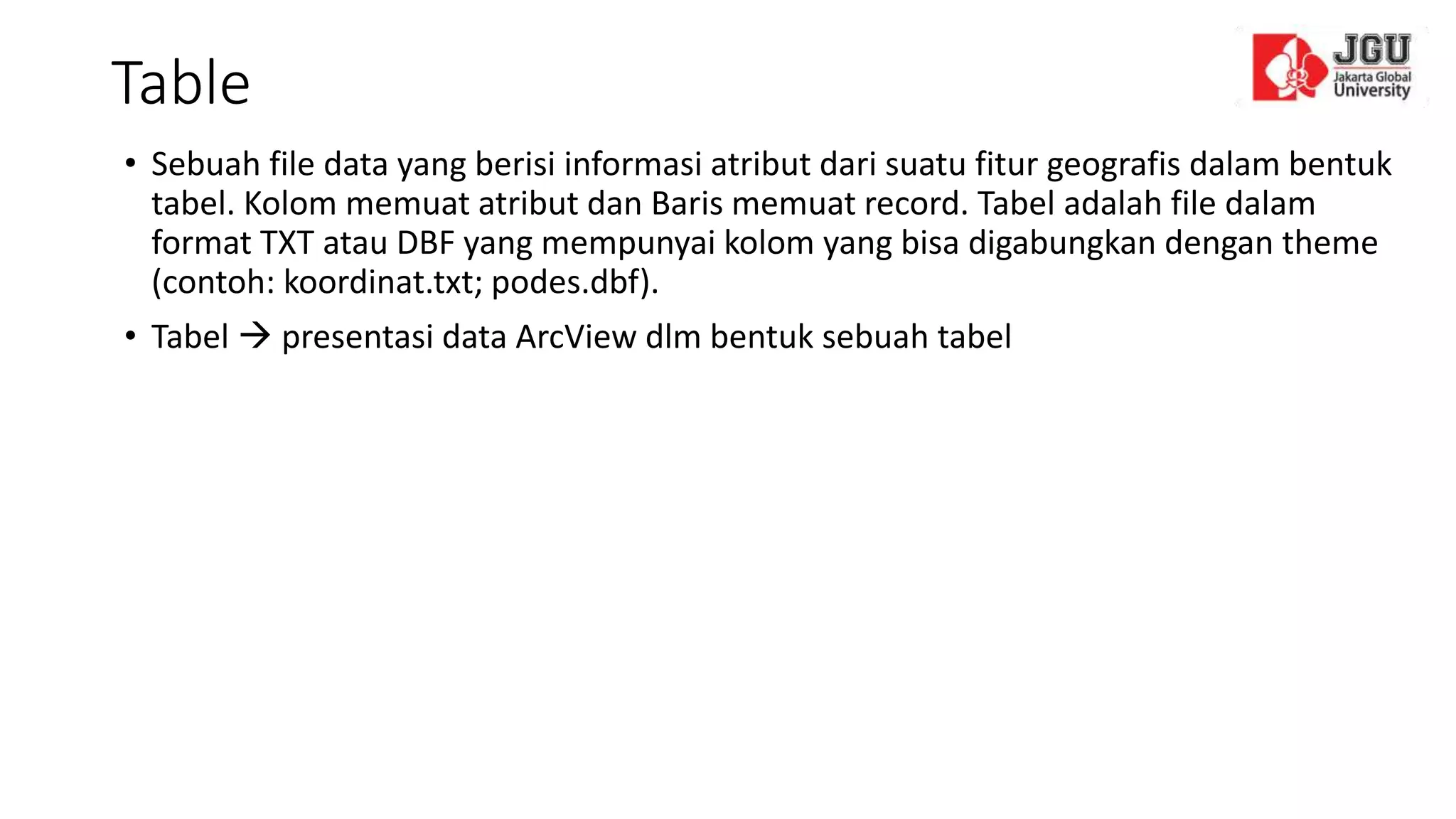 Table
• Sebuah file data yang berisi informasi atribut dari suatu fitur geografis dalam bentuk
tabel. Kolom memuat atribut dan Baris memuat record. Tabel adalah file dalam
format TXT atau DBF yang mempunyai kolom yang bisa digabungkan dengan theme
(contoh: koordinat.txt; podes.dbf).
• Tabel  presentasi data ArcView dlm bentuk sebuah tabel
 