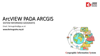 ArcVIEW PADA ARCGIS
Email : ferinugroho@jgu.ac.id
SISTEM INFORMASI GEOGRAFIS
www.ferinugroho.my.id
 