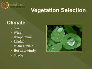 • Sun
• Wind
• Temperature
• Rainfall
• Micro-climate
• Hot and windy
• Shade