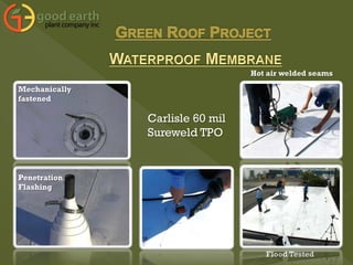 Hot air welded seams
Mechanically
fastened
Carlisle 60 mil
Sureweld TPO
Penetration
Flashing
Flood Tested