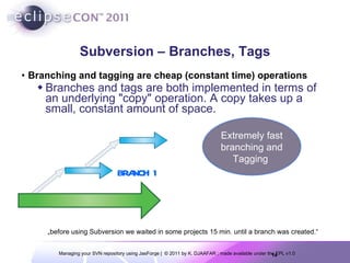 Subversion – Branches, Tags Branching and tagging are cheap (constant time) operations Branches and tags are both implemented in terms of an underlying "copy" operation. A copy takes up a small, constant amount of space.  BRANCH 1 Extremely fast branching and Tagging  „ before using Subversion we waited in some projects 15 min. until a branch was created.“  