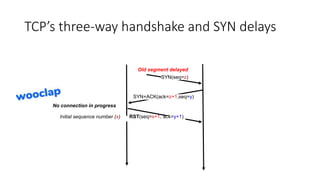 TCP’s three-way handshake and SYN delays
RST(seq=x+1, ack=y+1)
SYN(seq=z)
No connection in progress
SYN+ACK(ack=z+1,seq=y)
Old segment delayed
Initial sequence number (x)
 