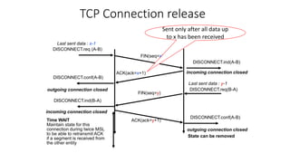 TCP Connection release
FIN(seq=x)
DISCONNECT.req (A-B)
DISCONNECT.ind(A-B)
ACK(ack=x+1)
DISCONNECT.conf(A-B)
ACK(ack=y+1)
DISCONNECT.conf(A-B)
DISCONNECT.req(B-A)
DISCONNECT.ind(B-A)
FIN(seq=y)
Time WAIT
Maintain state for this
connection during twice MSL
to be able to retransmit ACK
if a segment is received from
the other entity
outgoing connection closed
incoming connection closed
incoming connection closed
outgoing connection closed
State can be removed
Last sent data : x-1
Last sent data : y-1
Sent only after all data up
to x has been received
 