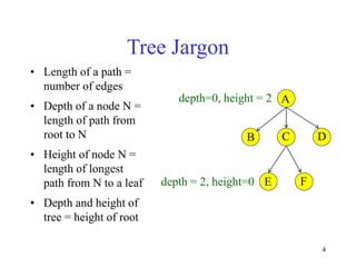4
Tree Jargon
• Length of a path =
number of edges
• Depth of a node N =
length of path from
root to N
• Height of node N =
length of longest
path from N to a leaf
• Depth and height of
tree = height of root
A
B C D
E F
depth=0, height = 2
depth = 2, height=0
 