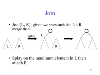 89
Join
• Join(L, R): given two trees such that L < R,
merge them
• Splay on the maximum element in L then
attach R
L R R
splay L
 