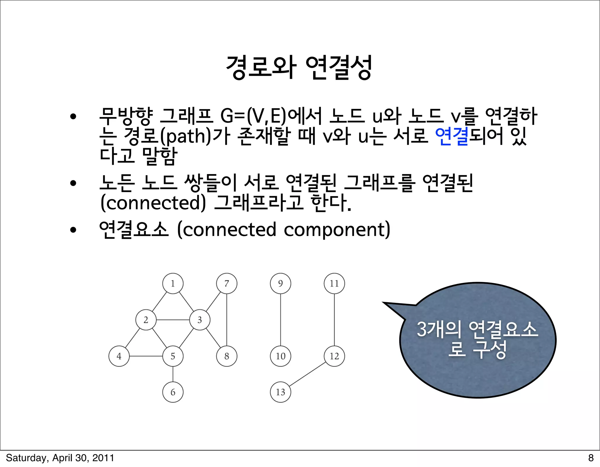 Paths and Connectivity


Def. A path in an undirected graph G = (V, E) is a sequence P of nodes
v1, v2, …, vk-1, vk with the property that each consecutive pair vi, vi+1 is
joined by an edge in E.

Def. A path is simple if all nodes are distinct.

Def. An undirected graph is connected if for every pair of nodes u and
v, there is a path between u and v.




                                                                               10



Saturday, April 30, 2011                                                            8
 