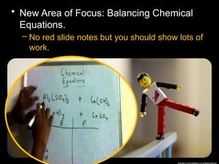 • New Area of Focus: Balancing Chemical
Equations.
– No red slide notes but you should show lots of
work.
 