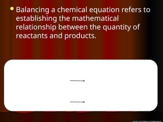 Balancing a chemical equation refers to
establishing the mathematical
relationship between the quantity of
reactants and products.
 