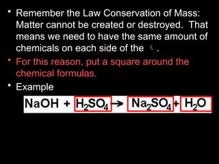 • Remember the Law Conservation of Mass:
Matter cannot be created or destroyed. That
means we need to have the same amount of
chemicals on each side of the .
• For this reason, put a square around the
chemical formulas.
• Example
 