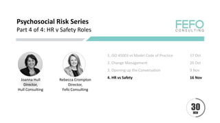 Psychosocial Risk Series
Part 4 of 4: HR v Safety Roles
Joanna Hull
Director,
Hull Consulting
1. ISO 45003 vs Model Code of Practice 17 Oct
2. Change Management 26 Oct
3. Opening up the Conversation 9 Nov
4. HR vs Safety 16 Nov
Rebecca Crompton
Director,
Fefo Consulting
 