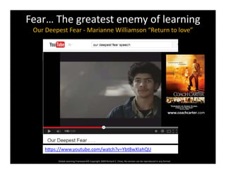 Fear… The greatest enemy of learning
Our Deepest Fear ‐ Marianne Williamson “Return to love”Our eepest Fear Marianne Williamson Return to love
www.coachcarter.com
Global Learning Framework© Copyright 2009 Richard C. Close, No version can be reproduced in any format.  
https://www.youtube.com/watch?v=Ybt8wXIahQU
 