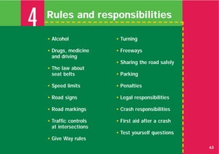 4   Rules and responsibilities

    • Alcohol            • Turning

    • Drugs, medicine    • Freeways
      and driving
                         • Sharing the road safely
    • The law about
      seat belts         • Parking

    • Speed limits       • Penalties

    • Road signs         • Legal responsibilities

    • Road markings      • Crash responsibilities

    • Traffic controls   • First aid after a crash
      at intersections
                         • Test yourself questions
    • Give Way rules
                                                     63
 