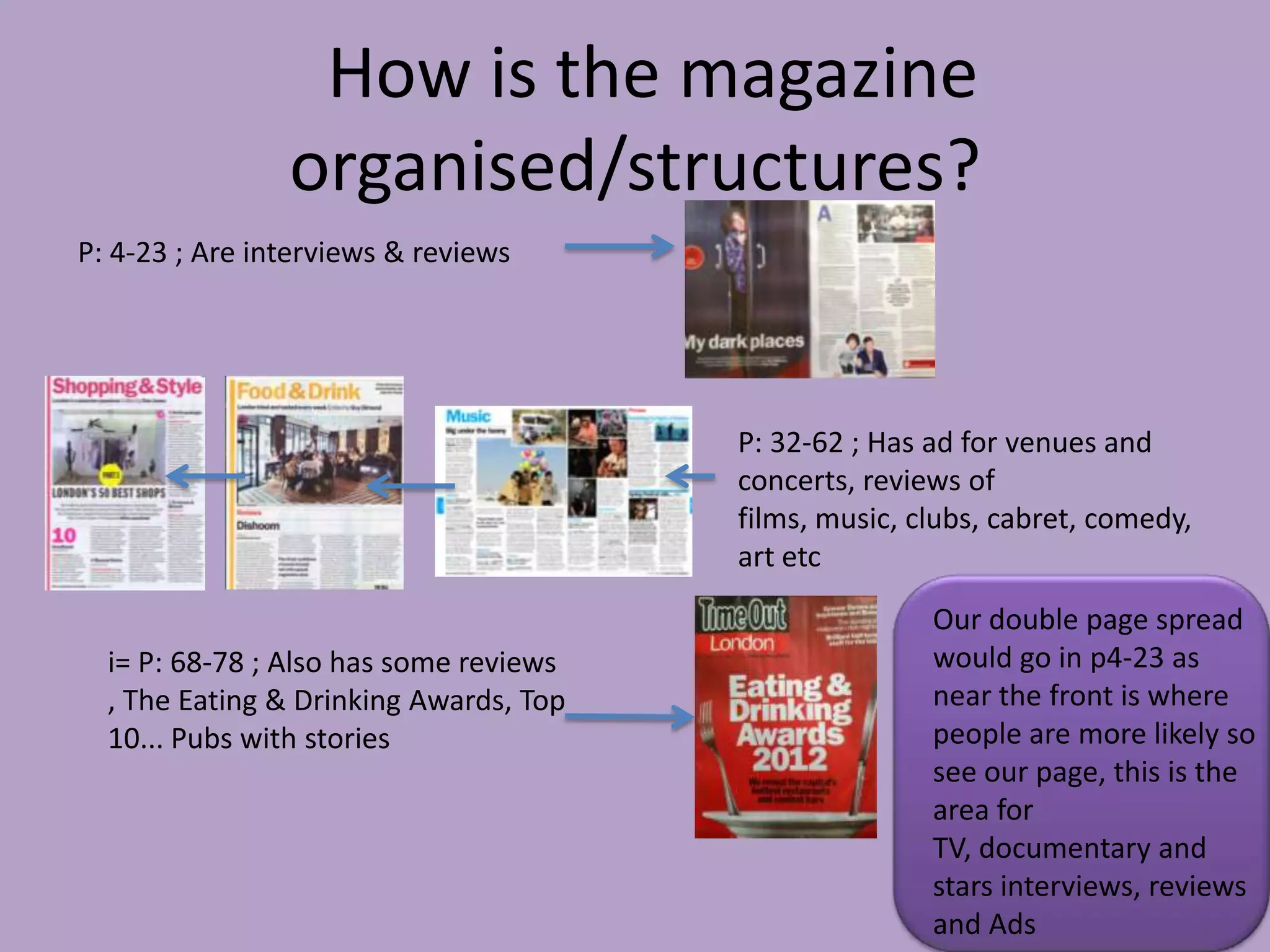 How is the magazine
                organised/structures?
P: 4-23 ; Are interviews & reviews




                                        P: 32-62 ; Has ad for venues and
                                        concerts, reviews of
                                        films, music, clubs, cabret, comedy,
                                        art etc
                                                       Our double page spread
  i= P: 68-78 ; Also has some reviews                  would go in p4-23 as
  , The Eating & Drinking Awards, Top                  near the front is where
  10... Pubs with stories                              people are more likely so
                                                       see our page, this is the
                                                       area for
                                                       TV, documentary and
                                                       stars interviews, reviews
                                                       and Ads
 