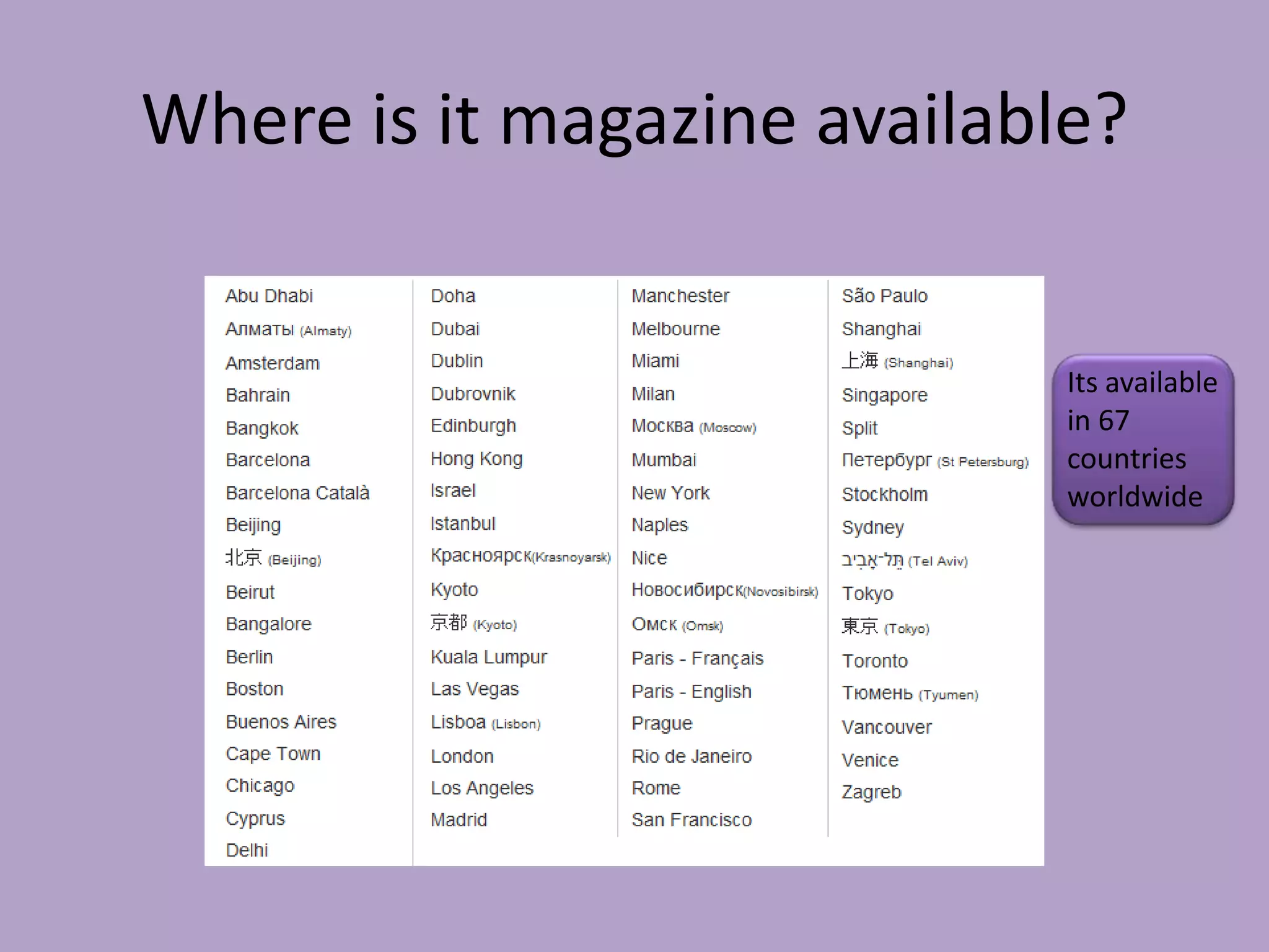 Where is it magazine available?


                             Its available
                             in 67
                             countries
                             worldwide
 