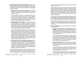 “Estudio para conocer los potenciales impactos ambientales y vulnerabilidad relacionada con las sustancias químicas y tratamiento de
desechos peligrosos en el sector productivo del Ecuador”
“Estudio para conocer los potenciales impactos ambientales y vulnerabilidad relacionada con las sustancias químicas y tratamiento de
desechos peligrosos en el sector productivo del Ecuador”
466 467
ƒAlmacenamiento de petróleo y sus derivados. El petróleo y sus
derivados requieren de un almacenamiento temporal en todas sus fa-
ses, ya sea en las áreas de extracción del crudo, como en los centros
GHUH¿QDFLyQGHGLVWULEXFLyQGHVXVGHULYDGRV/DVVXEHWDSDVGHO
almacenamiento son:
x Almacenamiento en el área de extracción. En las áreas de
explotación de los yacimientos, el crudo se almacena en grandes
depósitos con capacidades de hasta 100000 m3
, previo a su tras-
ODGRDODVUH¿QHUtDV
El almacenamiento del petróleo crudo, se pueden realizar a pre-
sión y temperatura ambiente, por tanto, los tanques utilizados
SDUDHVWH¿QVRQFLOtQGULFRVGHIRQGRSODQRWHFKRDERYHGDGRHV-
IpULFRRHOLSVRLGDODOJXQDVYHFHVÀRWDQWHD¿QGHHYLWDUODDFX-
PXODFLyQGHJDVHVLQÀDPDEOHVGHQWURGHORVPLVPRVTXHSXHGHQ
o no tener incorporado algún sistema de calefacción.
x $OPDFHQDPLHQWR HQ OD UH¿QHUtD /DV UH¿QHUtDV GLVSRQHQ GH
QXPHURVRV GHSyVLWRV FRQ HO REMHWLYR GH DEVRUEHU ODV SDUDGDV
de mantenimiento y los tratamientos alternativos y sucesivos de
materias primas diferentes. Asimismo, para almacenar las bases
componentes de otros productos terminados que se obtienen por
PH]FODSDUDGLVSRQHUGHXQDUHVHUYDGHWUDEDMRVX¿FLHQWHFRQ
HO¿QGHSRGHUVDWLVIDFHUODGHPDQGDGHOPHUFDGR
/RVWDQTXHVGHDOPDFHQDPLHQWRGHSURGXFWRVUH¿QDGRVVRQFRQV-
truidos en base al tipo de producto, es así, que cuando se trata
del almacenamiento de gas licuado de petróleo (GLP) u otros deri-
vados que deben conservarse a presión y temperatura distintas a
la atmosférica normal, la construcción, así como también los ma-
teriales a emplear, requieren para cada caso de un minucioso
HVWXGLRWpFQLFR3RUHMHPSORHODOPDFHQDMHGHJDVQDWXUDOOLFXDGR
(GNL), requiere una temperatura de –160 ºC y el de gas licuado
de petróleo (GLP-propano/butano), una temperatura que debe
mantenerse dentro de los – 42 a –12 ºC.
x Almacenamiento en los terminales de hidrocarburos. El me-
dioPiVH¿FD]HFRQyPLFRSDUDGLVWULEXLUORVSURGXFWRVUH¿QDGRV
del petróleo es el depósito-pulmón o terminal de distribución.
Estos depósitos suelen estar ubicados cerca de los grandes centros
de consumo (ciudades, polígonos industriales, etc.), por lo que
deben contar con normas de seguridad al momento de cargar y
descargar el producto disminuyendo al mínimo las posibilidades de
accidentes y contaminación ambiental.
La construcción de todos los tanques y para los distintos productos a
almacenarse, deben basarse en las normas establecidas por el Insti-
tuto de Petróleo Americano (API), en este caso al API 650, API 12F,
API 12D, UL 58, UL 1746, UL 142 o equivalentes, que es la norma que
¿MDODFRQVWUXFFLyQGHWDQTXHVVROGDGRVSDUDHODOPDFHQDPLHQWRGH
petróleo y sus derivados.
(VWDVHVSHFL¿FDFLRQHVKDQVLGRHODERUDGDVSDUDSURYHHUDODLQGXVWULD
petrolera de tanques de adecuada seguridad y razonable economía,
para usarlos en el almacenamiento de petróleo y sus derivados. Estas
HVSHFL¿FDFLRQHVFRPSUHQGHQORVVLJXLHQWHVWHPDVPDWHULDOGLVHxR
IDEULFDFLyQPRQWDMHUHTXHULPLHQWRVGHSUXHEDKLGURVWiWLFDVSDUD
tanques verticales instalados sobre tierra, cerrados y de tapa superior
abierta, tanques de acero soldado para almacenamiento en varios
tamaños y capacidades.
De la misma forma, se debe acatar lo dispuesto en los Artículos 25 y 71
del Reglamento de Operaciones Hidrocarburíferas del Ecuador que esta-
blecen medidas para el mDQHMRDOPDFHQDPLHQWRGHFUXGRRFRPEXVWL-
bles y las características que deben tener los tanques de almacenamiento.
Como resultado de este proceso se generan lodos del proceso de de-
cantación con contenido de metales pesados, hidrocarburos y sales
inorgánicas, así como también olores ofensivos y compuestos orgáni-
cos volátiles.
ƒServicios auxiliares. Es necesaria la aplicación de los siguientes
servicios auxiliares:
a. Limpieza y mantenimiento de los tanques de almace-
namiento. Es necesario realizar la limpieza periódica de los
tanques de almacenamiento para eliminar los lodos que con el
tiempo se depositan y realizar mantenimientos constantes, me-
diante la aplicación de sustancias de revestimiento que eviten la
corrosión de los mismos.
Para el desarrollo de estas actividades se utiliza material absor-
bente para caso de derrames y materiales de revestimiento. Se
genera material absorbente contaminado, lodos de combustible
y envases vacíos de materiales de revestimiento. En el caso de
hacer sandblasting de los tanques de hidrocarburos, intensa-
mente se genera material particulado y ruido.
b. Tratamiento de lodos. Para el caso de los grandes centros de
GLVWULEXFLyQUH¿QHUtDVORVORGRVJHQHUDGRVGHODOLPSLH]DGH
los tanques de almacenamiento pueden ser tratados, utilizando
diversos métodos.
(QODVUH¿QHUtDVSXHGHQVHUXWLOL]DGRVFRPRFRPEXVWLEOHOXHJR
GHVHSDUDUHODJXDODVSRUFLRQHVVLJQL¿FDWLYDVGHORGRVPH-
diante separadores API. Adicionalmente se calientan y aplican
ÀRFXODQWHVSDUDPHMRUDUHOWUDWDPLHQWR
En los terminales de hidrocarburos, estos lodos son tratados median-
te separadores API, y los lodos obtenidos son entregados a gestores
 
