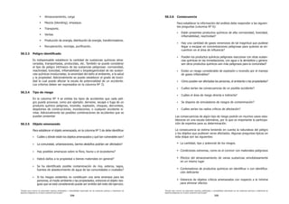 “Estudio para conocer los potenciales impactos ambientales y vulnerabilidad relacionada con las sustancias químicas y tratamiento de
desechos peligrosos en el sector productivo del Ecuador”
“Estudio para conocer los potenciales impactos ambientales y vulnerabilidad relacionada con las sustancias químicas y tratamiento de
desechos peligrosos en el sector productivo del Ecuador”
534 535
ƒ Almacenamiento, carga
ƒ Mezcla (blending), empaque.
ƒ Transporte.
ƒ Ventas
ƒ Producción de energía, distribución de energía, transformadores.
ƒ 5HFXSHUDFLyQUHFLFODMHSXUL¿FDFLyQ
50.3.3 3HOLJURLGHQWL¿FDGR
Es indispensable establecer la cantidad de sustancias químicas alma-
cenadas, transportadas, producidas, etc. También se puede considerar
el tipo de peligro intrínseco de las sustancias peligrosas: corrosividad,
UHDFWLYLGDGWR[LFLGDGLQÀDPDELOLGDGRELRSDWRJHQLFLGDGGHODVVXVWDQ-
cias químicas involucradas; la severidad del daño al ambiente, a la salud
y la propiedad. Adicionalmente se puede establecer el grado de toxici-
dad la cual puede afectar la escala de potencialidad de un accidente.
Los criterios deben ser expresados en la columna Nº 3).
50.3.4 Tipo de riesgo
En la columna Nº 4 se enlista los tipos de accidentes que cada peli-
JURSXHGHSURYRFDUFRPRSRUHMHPSORGHUUDPHHVFDSHRIXJDGHXQ
producto químico peligroso, incendio, explosión, choques, derrumbes,
desplomes de construcciones, inundaciones, o cualquier accidente si-
milar. Adicionalmente las posibles combinaciones de accidentes que se
puedan presentar
50.3.5 Objeto amenazado
3DUDHVWDEOHFHUHOREMHWRDPHQD]DGRHQODFROXPQD1žGHGHEHLGHQWL¿FDU
ƒ XiOHVGyQGHHVWiQORVREMHWRVDPHQD]DGRVTXpWDQYXOQHUDEOHVVRQ
ƒ /DFRPXQLGDGXUEDQL]DFLRQHVEDUULRVDOHGDxRVSRGUtDQVHUDIHFWDGRV
ƒ +DSRVLEOHVDPHQD]DVVREUHODÀRUDIDXQDXHOHFRVLVWHPD
ƒ +DEUiGDxRVDODSURSLHGDGRELHQHVPDWHULDOHVHQJHQHUDO
ƒ 6H KD LGHQWL¿FDGR SRVLEOH FRQWDPLQDFLyQ GH UtRV HVWHURV ODJRV
IXHQWHVGHDEDVWHFLPLHQWRGHDJXDGHODVFRPXQLGDGHVRFLXGDGHV
ƒ Si los riesgos existentes no constituyen una seria amenaza para las
SHUVRQDVHOPHGLRDPELHQWHRODVSURSLHGDGHVHQWRQFHVHOREMHWRULHV-
JRVRTXHVHHVWiFRQVLGHUDQGRSXHGHVHURPLWLGRGHOUHVWRGHOHMHUFLFLR
50.3.6. Consecuencia
Para establecer la información del análisis debe responder a las siguien-
tes preguntas (columna Nº 6):
ƒ Están presentes productos químicos de alta corrosividad, toxicidad,
LQÀDPDELOLGDGUHDFWLYLGDG
ƒ Hay una cantidad de gases venenosos de tal magnitud que pudiese
llegar a escapar en concentraciones peligrosas para quienes se en-
FXHQWUHQHQHOiUHDGHLQÀXHQFLD
ƒ Pueden los productos químicos peligrosos reaccionar con otras sustan-
cias químicas en las inmediaciones, con agua o la atmósfera y genera-
VHQRWURVSURGXFWRVTXtPLFRVD~QPiVSHOLJURVRVSDUDODFRPXQLGDG
ƒ ([LVWHXQULHVJRFRQVLGHUDEOHGHH[SORVLyQRLQFHQGLRSRUHOPDQHMR
GHJDVHVLQÀDPDEOHV
ƒ yPRSXHGHQVHUDIHFWDGDVODVSHUVRQDVHODPELHQWHRODVSURSLHGDGHV
ƒ XiOHVVHUtDQODVFRQVHFXHQFLDVGHXQSRVLEOHDFFLGHQWH
ƒ XiOHVHOiUHDGHULHVJRGLUHFWDHLQGLUHFWD
ƒ 6HGLVSRQHGHVLPXODGRUHVGHULHVJRVGHFRQWDPLQDFLyQ
ƒ XiOHVVHUtDQORVUDGLRVFUtWLFRVGHDIHFWDFLyQ
Las consecuencias de algún tipo de riesgo podrán en muchos casos esta-
blecerse en una escala estimativa, por lo que es importante la participa-
ción de expertos para su determinación.
La consecuencia se estima teniendo en cuenta la naturaleza del peligro
ORVREMHWRVTXHSXGLHUDQYHUVHDIHFWDGRV$OJXQDVSUHJXQWDVWtSLFDVHQ
esta etapa son las siguientes:
ƒ
La cantidad, tipo y potencial de los riesgos.
ƒ
Condiciones extremas, como es el convivir con materiales peligrosos
ƒ
Efectos del almacenamiento de varias sustancias simultáneamente
en un mismo lugar
ƒ
RQWHQHGRUHVGHSURGXFWRVTXtPLFRVVLQLGHQWL¿FDURFRQLGHQWL¿FD-
FLyQGH¿FLHQWH
ƒ
'LVWDQFLDGHREMHWRVFUtWLFRVDPHQD]DGRVFRQUHVSHFWRDODPtQLPD
para eliminar efectos
 