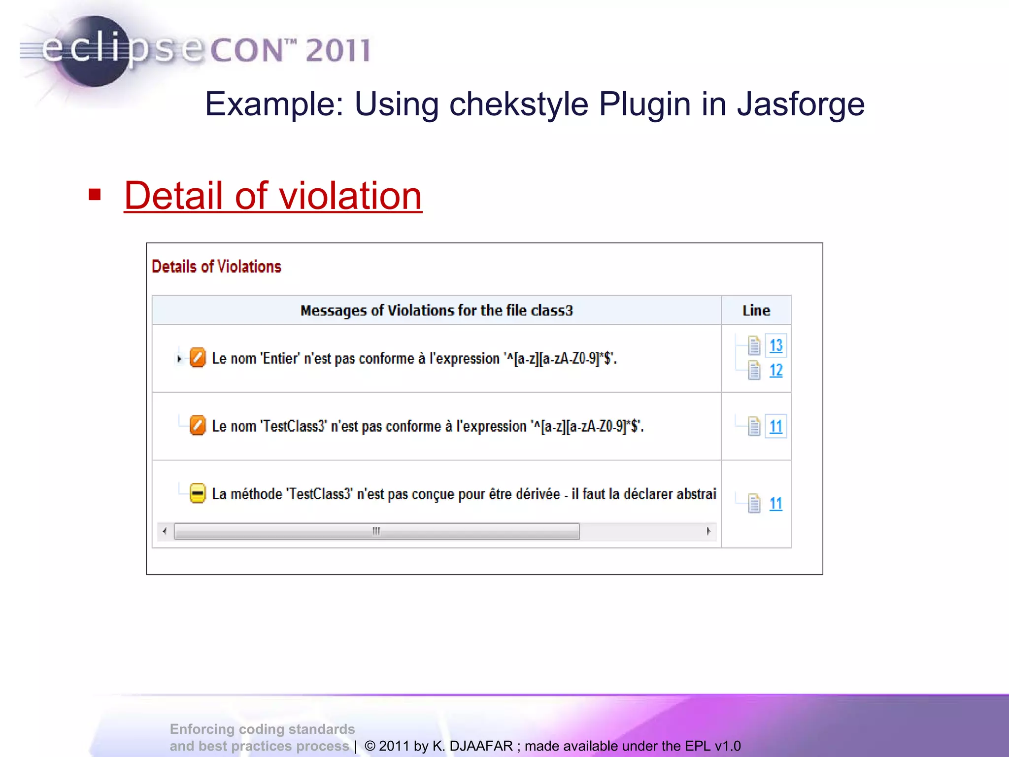 Detail of violation Example: Using chekstyle Plugin in Jasforge 