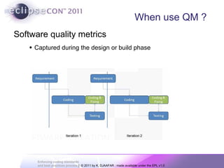 Software quality metrics Captured during the design or build phase  When use QM ? 