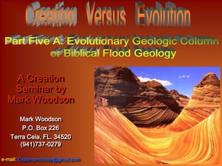 A Creation
   Seminar by
  Mark Woodson
      Mark Woodson
       P.O. Box 226
   Terra Ceia, FL. 34520
      (941)737-0279

e-mail: Godsnomonkey@gmail.com
 