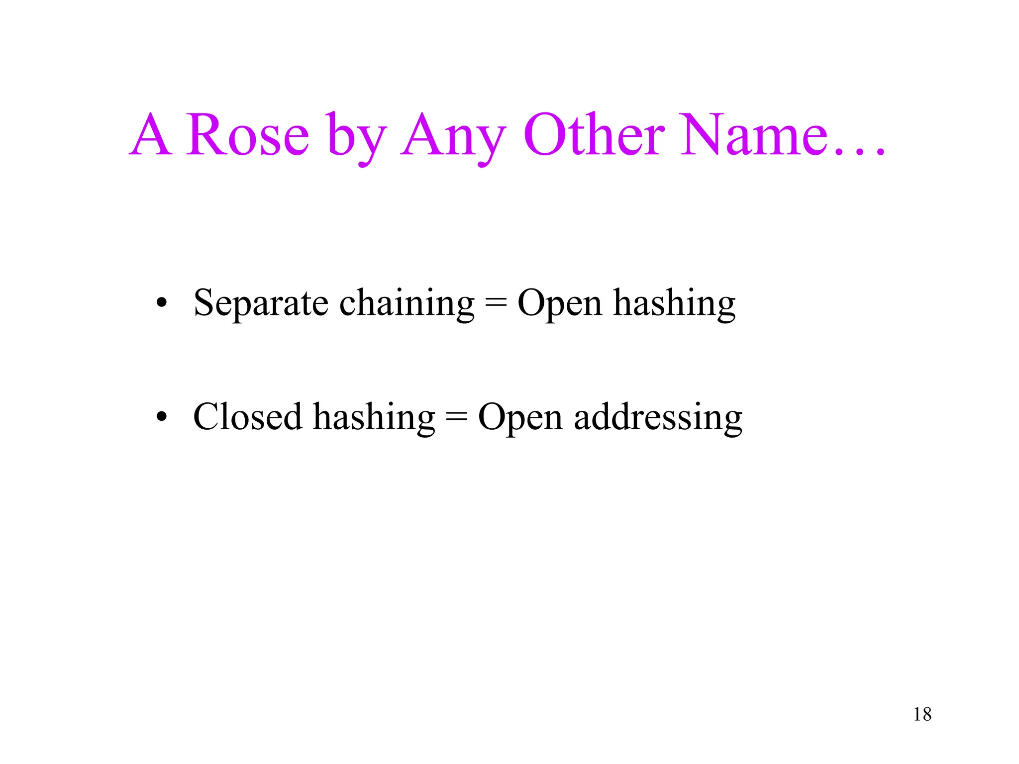 18
A Rose by Any Other Name…
• Separate chaining = Open hashing
• Closed hashing = Open addressing
 