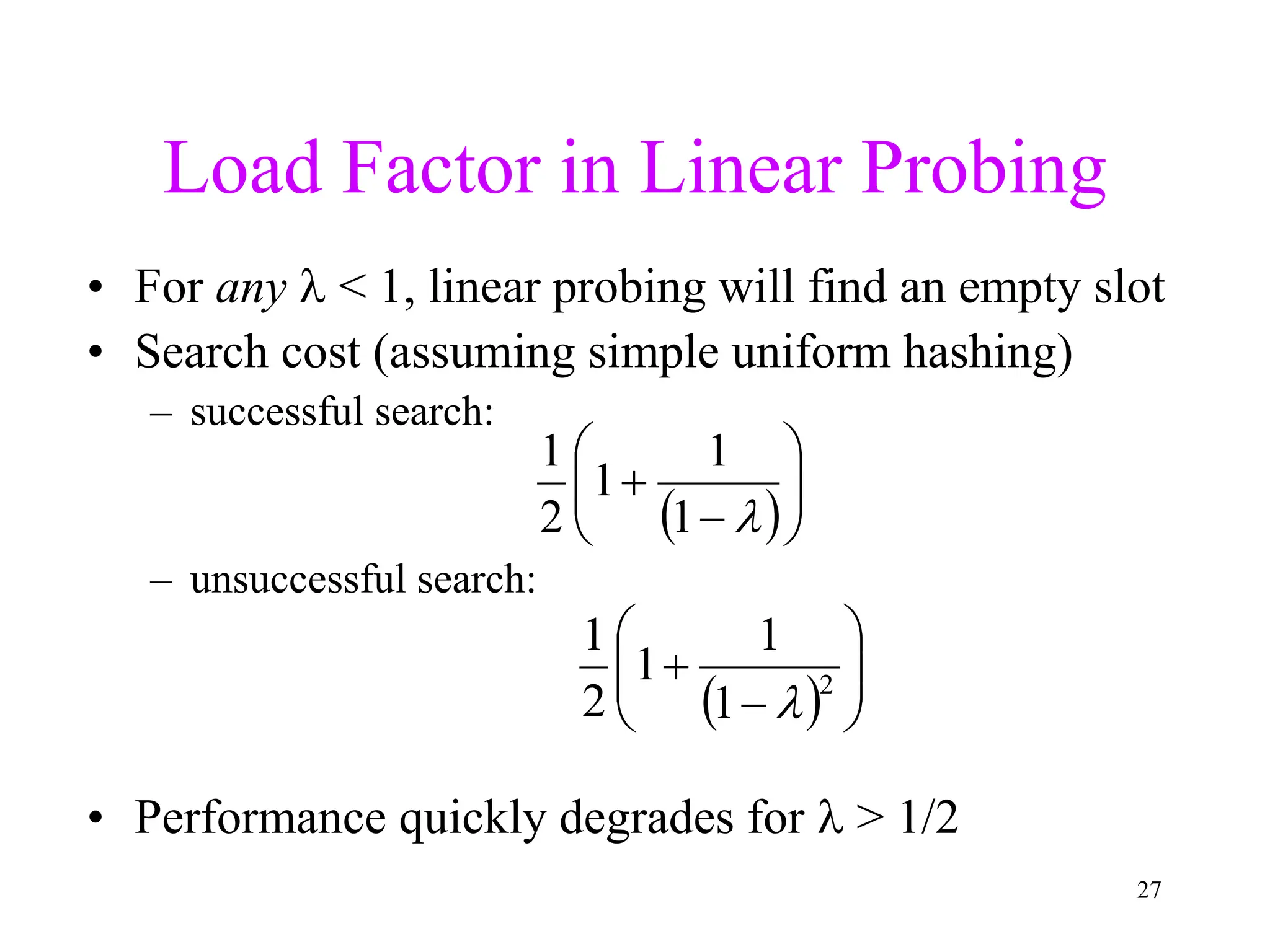27
Load Factor in Linear Probing
• For any  < 1, linear probing will find an empty slot
• Search cost (assuming simple uniform hashing)
– successful search:
– unsuccessful search:
• Performance quickly degrades for  > 1/2
  








 2
1
1
1
2
1

 










1
1
1
2
1
 