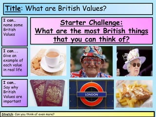 Title: What are British Values?
I can…
name some
British
Values
I can...
Give an
example of
each value
in real life
I can…
Say why
British
Values are
important
Stretch: Can you think of even more?
Starter Challenge:
What are the most British things
that you can think of?
 