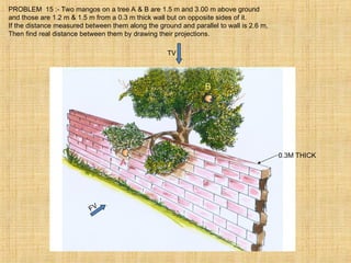 PROBLEM 15 :- Two mangos on a tree A & B are 1.5 m and 3.00 m above ground
and those are 1.2 m & 1.5 m from a 0.3 m thick wall but on opposite sides of it.
If the distance measured between them along the ground and parallel to wall is 2.6 m,
Then find real distance between them by drawing their projections.
FV
TV
A
B
0.3M THICK
 