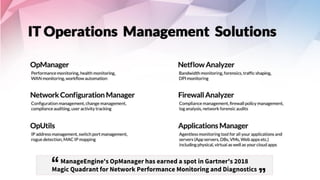 ManageEngine's OpManager has earned a spot in Gartner's 2018
Magic Quadrant for Network Performance Monitoring and Diagnostics
 