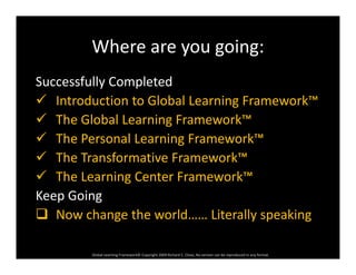 Where are you going:Where are you going:
Successfully CompletedSuccessfully Completed
 Introduction to Global Learning Framework™
 The Global Learning Framework™ The Global Learning Framework
 The Personal Learning Framework™
 Th T f ti F k™ The Transformative Framework™
 The Learning Center Framework™
Keep Going
 Now change the world…… Literally speaking
Global Learning Framework© Copyright 2009 Richard C. Close, No version can be reproduced in any format.  
 