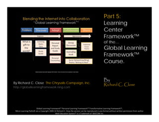 Part 5:
LearningLearning
Center
Framework™Framework
of the…
Global Learning
F k™Framework™
Course.
By Richard C. Close The Chrysalis Campaign, Inc.
By
Ri h d C Cly C C C y C p g ,
http://globallearningframework.ning.com
Richard C. Close
Global Learning Framework™ Personal Learning Framework™ Transformative Learning Framework™, 
Micro Learning Paths© are a Copyright 2009‐14 Richard C. Close No version can be reproduced in any format without written permission from author 
Web Education System™ is a Trademark of  BASCOM Inc.
 