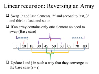 Linear recursion: Reversing an Array 
 Swap 1st and last elements, 2nd and second to last, 3rd 
and third to last, and so on 
 If an array contains only one element no need to 
swap (Base case) 
i j 
5 10 18 30 45 50 60 65 70 80 
 Update i and j in such a way that they converge to 
the base case (i = j) 
 