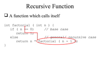 Recursive Function 
 A function which calls itself 
int factorial ( int n ) { 
if ( n == 0) // base case 
return 1; 
else // general/ recursive case 
return n * factorial ( n - 1 ); 
} 
 