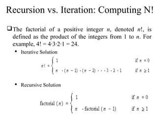 Recursion vs. Iteration: Computing N! 
The factorial of a positive integer n, denoted n!, is 
defined as the product of the integers from 1 to n. For 
example, 4! = 4·3·2·1 = 24. 
 Iterative Solution 
 Recursive Solution 
 