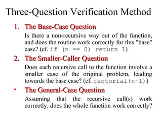 Three-Question Verification Method 
11.. TThhee BBaassee--CCaassee QQuueessttiioonn 
Is there a non-recursive way out of the function, 
and does the routine work correctly for this "base" 
case? (cf. if (n == 0) return 1) 
22.. TThhee SSmmaalllleerr--CCaalllleerr QQuueessttiioonn 
Does each recursive call to the function involve a 
smaller case of the original problem, leading 
towards the base case? (cf. factorial(n-1)) 
• TThhee GGeenneerraall--CCaassee QQuueessttiioonn 
Assuming that the recursive call(s) work 
correctly, does the whole function work correctly? 
 
