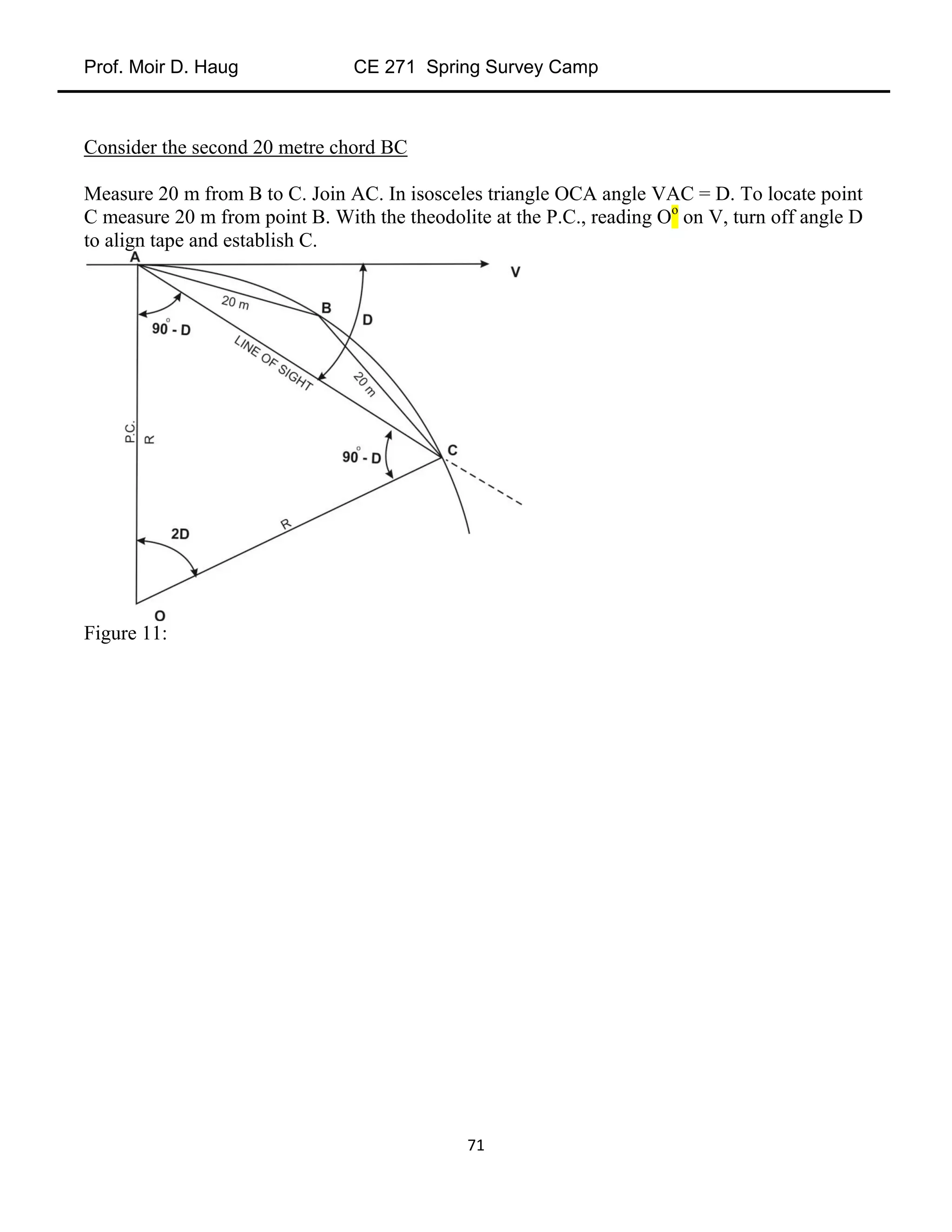 Prof. Moir D. Haug CE 271 Spring Survey Camp
71
Consider the second 20 metre chord BC
Measure 20 m from B to C. Join AC. In isosceles triangle OCA angle VAC = D. To locate point
C measure 20 m from point B. With the theodolite at the P.C., reading Oo
on V, turn off angle D
to align tape and establish C.
Figure 11:
 