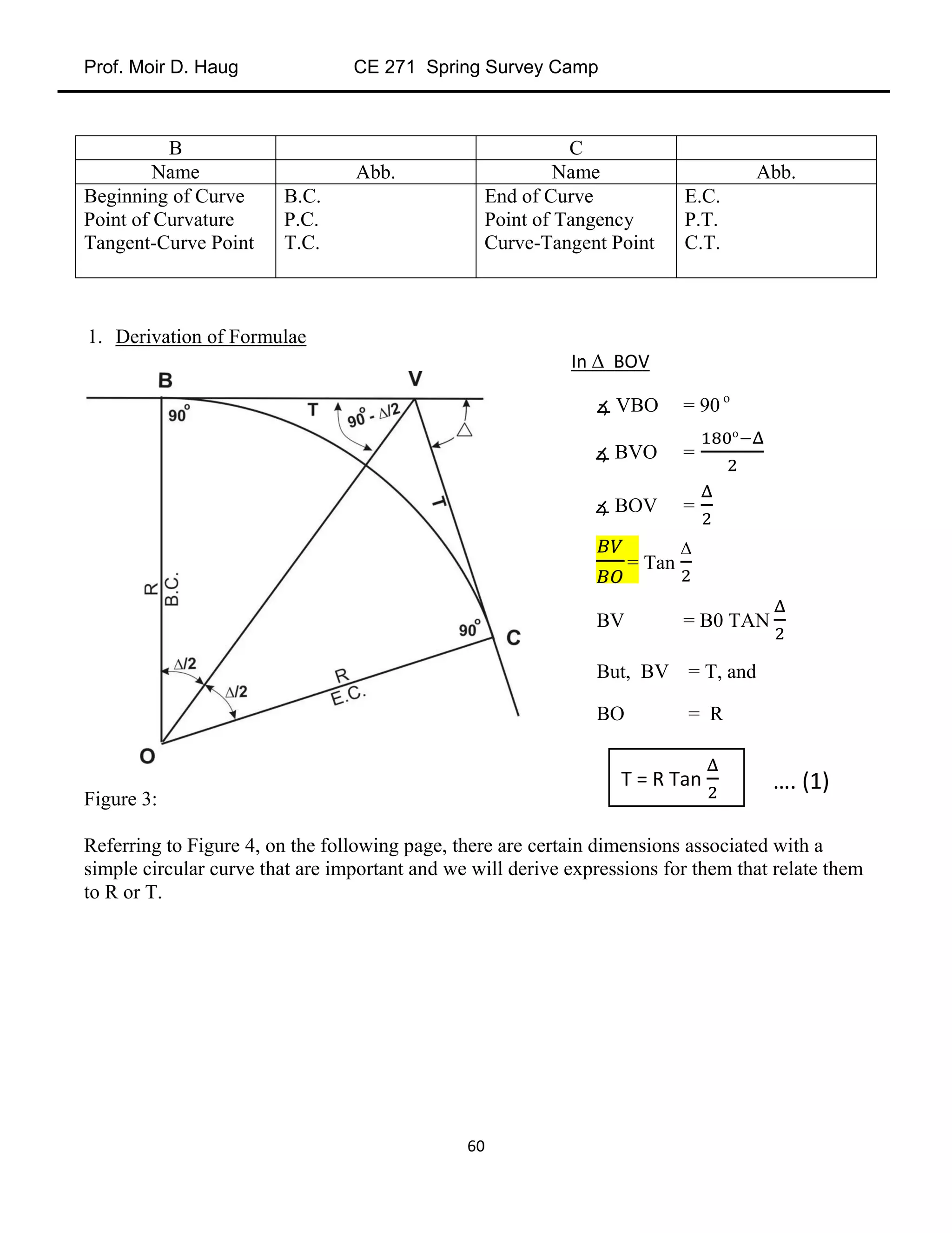 Prof. Moir D. Haug CE 271 Spring Survey Camp
60
B C
Name Abb. Name Abb.
Beginning of Curve
Point of Curvature
Tangent-Curve Point
B.C.
P.C.
T.C.
End of Curve
Point of Tangency
Curve-Tangent Point
E.C.
P.T.
C.T.
1. Derivation of Formulae
Figure 3:
Referring to Figure 4, on the following page, there are certain dimensions associated with a
simple circular curve that are important and we will derive expressions for them that relate them
to R or T.
In Δ BOV
∡ VBO = 90 o
∡ BVO =
∡ BOV =
= Tan
Δ
BV = B0 TAN
But, BV = T, and
BO = R
…. (1)T = R Tan
 