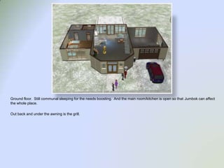 Ground floor.  Still communal sleeping for the needs boosting.  And the main room/kitchen is open so that Jumbok can affect the whole place.Out back and under the awning is the grill.