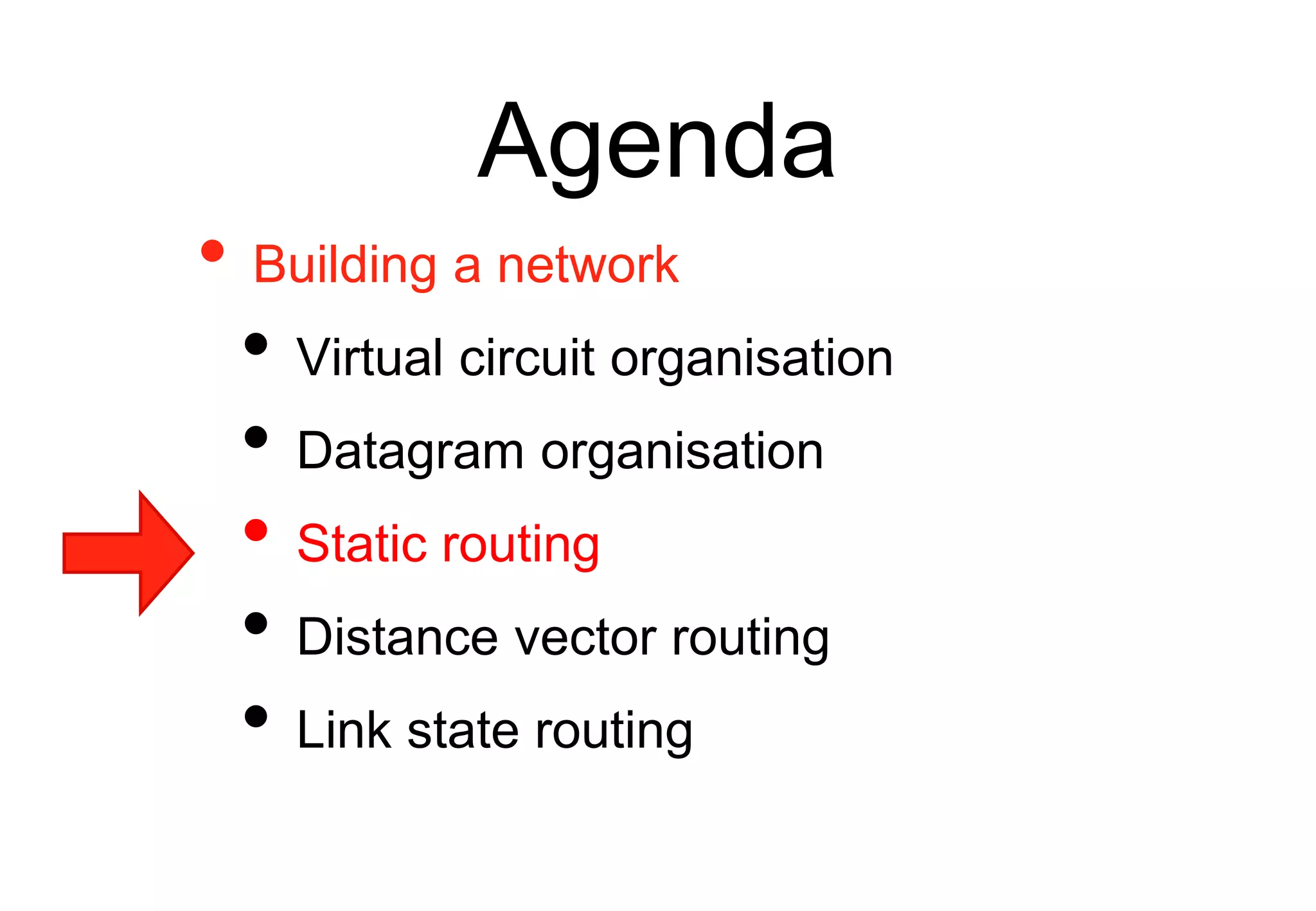 Agenda
• Building a network
• Virtual circuit organisation
• Datagram organisation
• Static routing
• Distance vector routing
• Link state routing
 