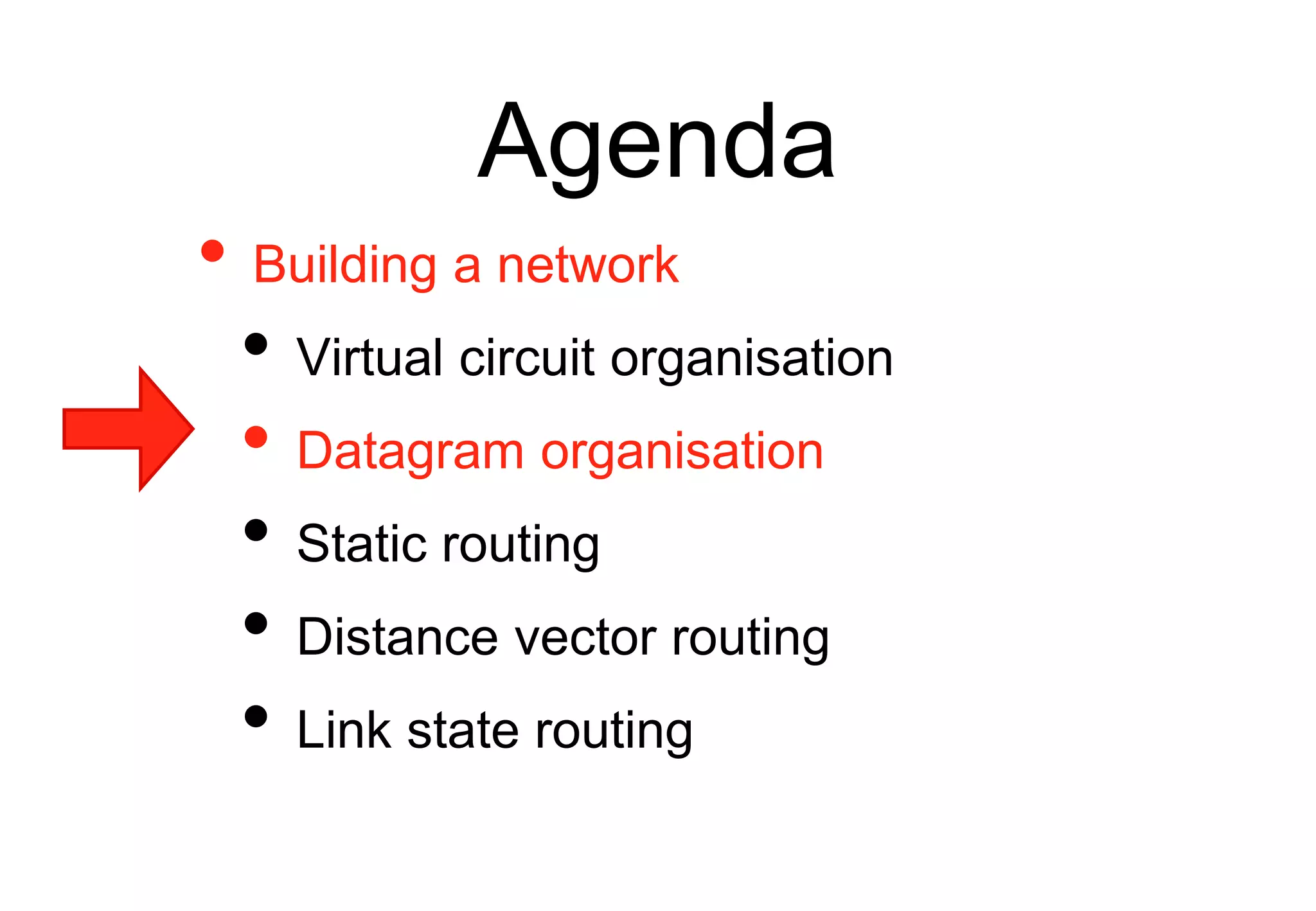 Agenda
• Building a network
• Virtual circuit organisation
• Datagram organisation
• Static routing
• Distance vector routing
• Link state routing
 
