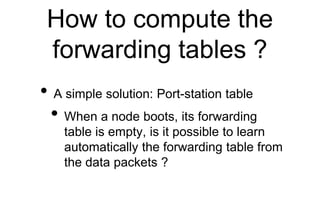 How to compute the
forwarding tables ?
• A simple solution: Port-station table
• When a node boots, its forwarding
table is empty, is it possible to learn
automatically the forwarding table from
the data packets ?
 