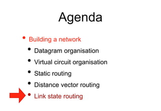 Agenda
• Building a network
• Datagram organisation
• Virtual circuit organisation
• Static routing
• Distance vector routing
• Link state routing
 