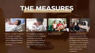 THE MEASURES
Before and after childbirth,
for a period of at least
sixteen (16) weeks, which
shall be divided between
the time before and after
childbirth;
For additional periods, in
respect of which a medical
certificate is produced
stating that said additional
periods are necessary for
the health of the mother or
child:
During pregnancy; During a specified time
beyond the period, after
childbirth is fixed pursuant
to subparagraph (a) above,
the length of which shall be
determined by the DOLE
after consulting the labor
organizations and
employers.
 