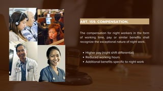 ART. 159. COMPENSATION.
The compensation for night workers in the form
of working time, pay or similar benefits shall
recognize the exceptional nature of night work.
Higher pay (night shift differential)
Reduced working hours
Additional benefits specific to night work
 