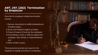 ART. 297. [282] Termination
by Employer
Grounds for employer-initiated termination
include:
Serious misconduct or willful disobedience
of lawful orders,
1.
Gross and habitual neglect of duties,
2.
Fraud of breach of trust by the employee
3.
Committing a crime or offense against the
employer, their family, or representatives,
and
4.
Other similar causes.
5.
These grounds provide just cause for the
employer to legally terminate an employee.
 