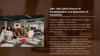 ART. 298. [283] Closure of
Establishment and Reduction of
Personnel
Employers may terminate employees due to reasons
like the installation of labor-saving
devices,redundancy, retrenchment to prevent losses,
or closure of the business. Employers must provide a
one-month written notice to employees and the
Ministry of Labor.
In cases of termination due to labor-saving devices or
redundancy, employees are entitled to separation
pay of at least one month’s salary or one month’s pay
for each year of service, whichever is higher. For
retrenchment or business closures (excluding serious
financial losses), separation pay is at least one
month’s salary or half a month’s pay for each year of
service. Six months or more is counted as a full year.
 